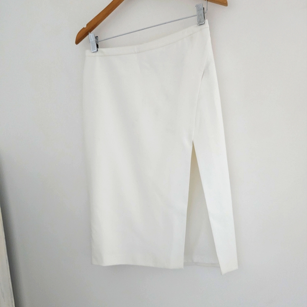 MASON White High Waisted Deep Slit Mid Length Fitted Skirt